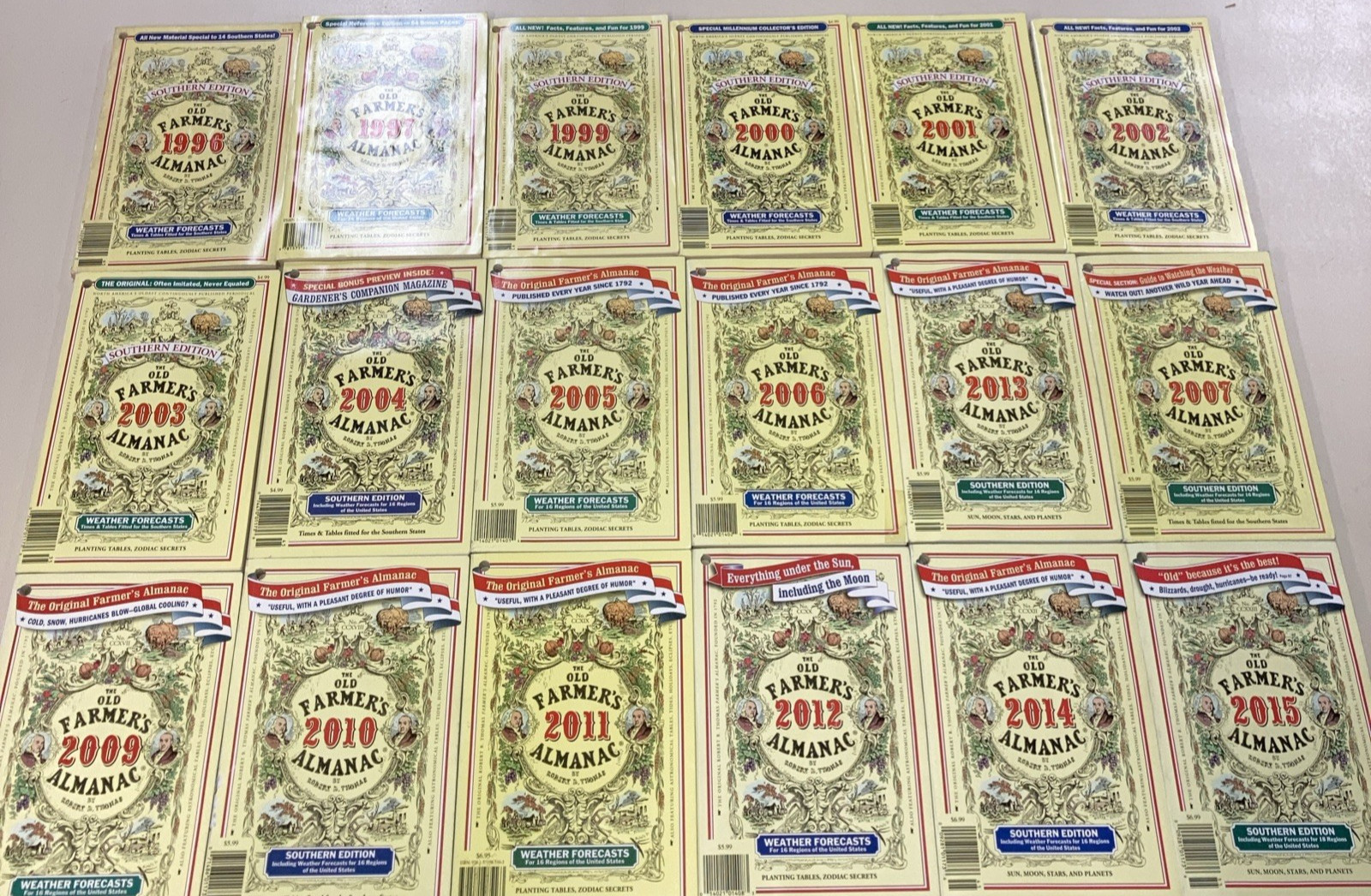 Old Farmer&rsquo;s Almanac lot of 18 years SC Robert Thomas Weather & Southern Edition