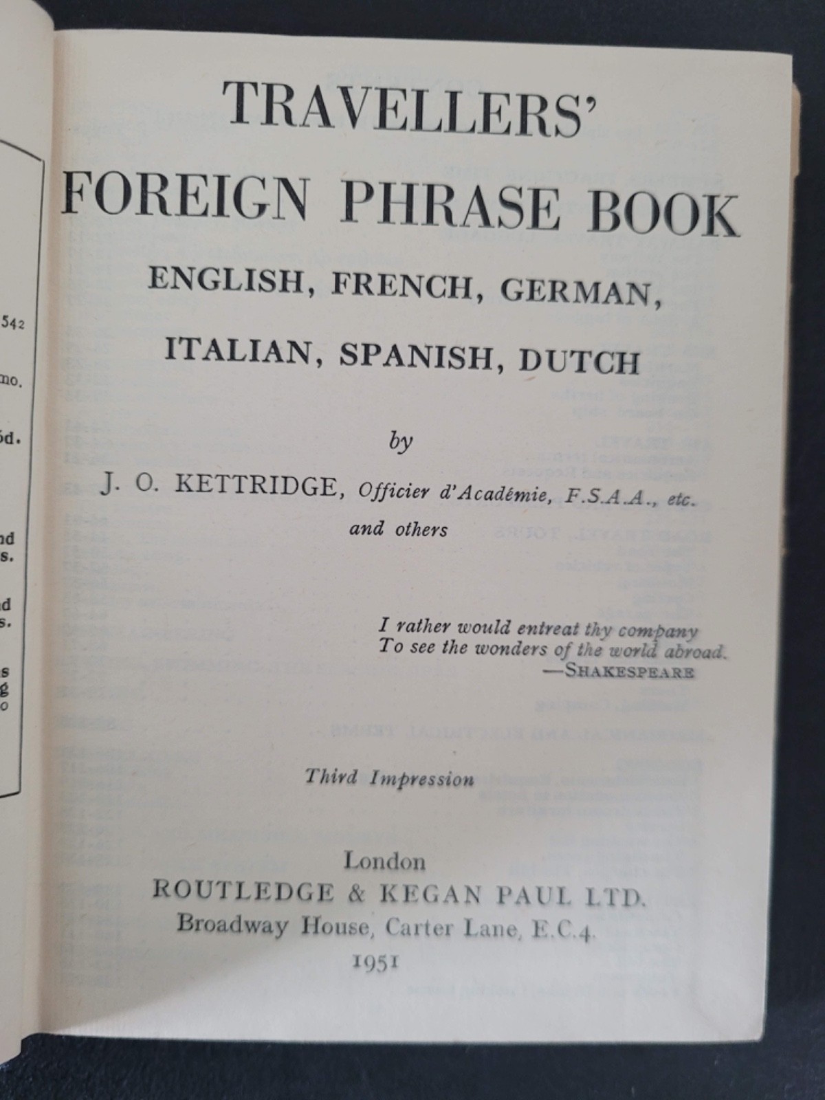 TRAVELLERS&rsquo; FOREIGN PHRASE BOOK HARDCOVER 1951 Julius O. Kettridge 272 Pages