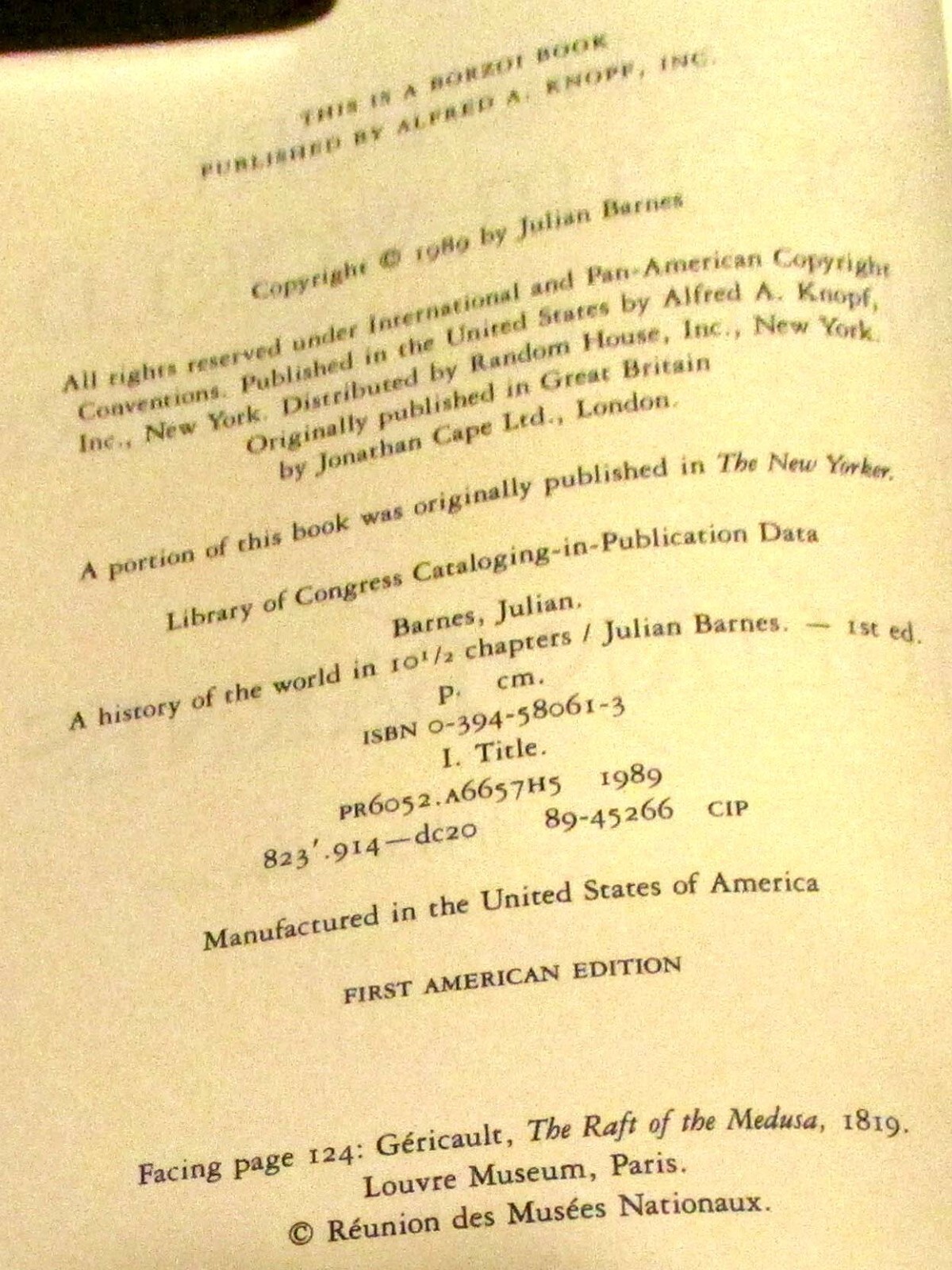 1989 « A History of the World in 10 1/2 Chapters by Julian Barnes SIGNED H/C D/J