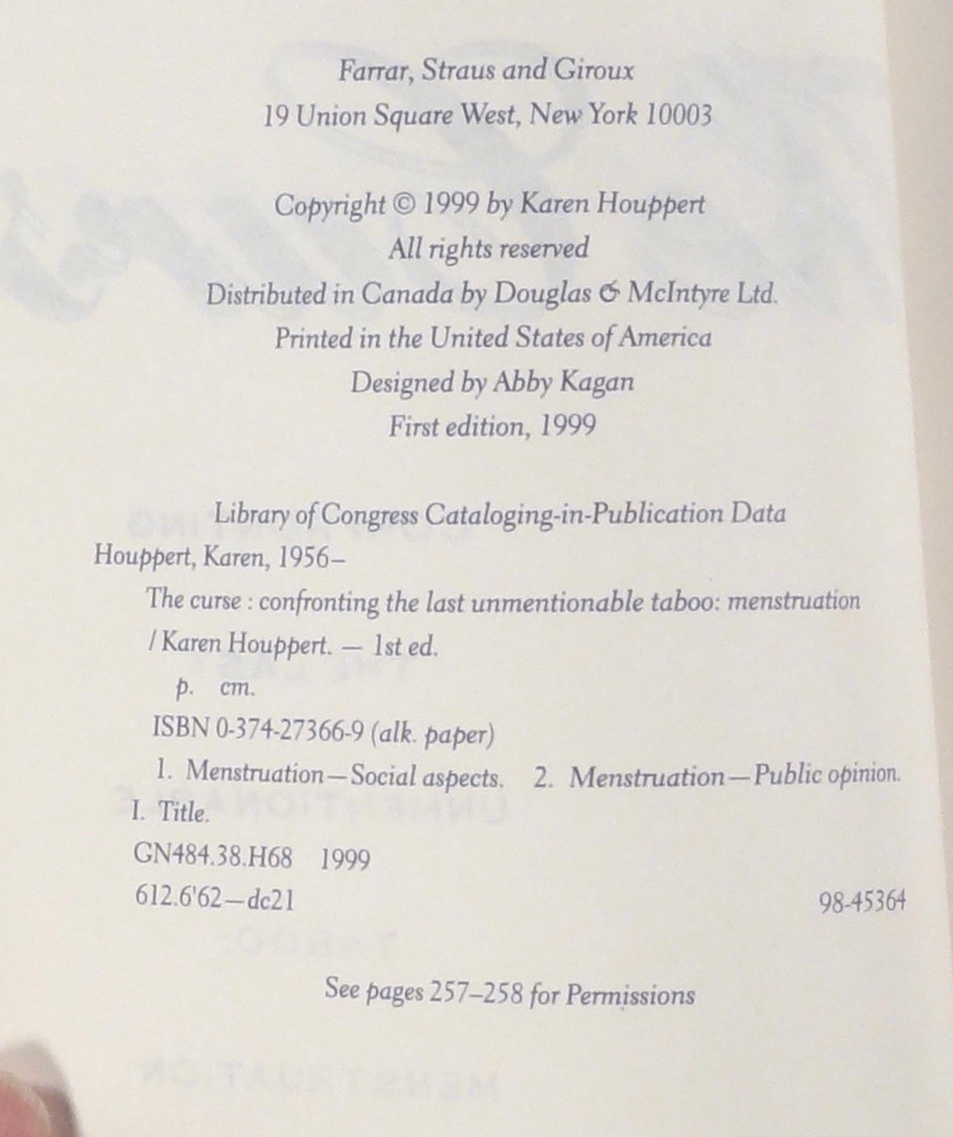1999 Houppert THE CURSE Confronting the Taboo of Menstruation WOMEN&rsquo;S HEALTH 1st