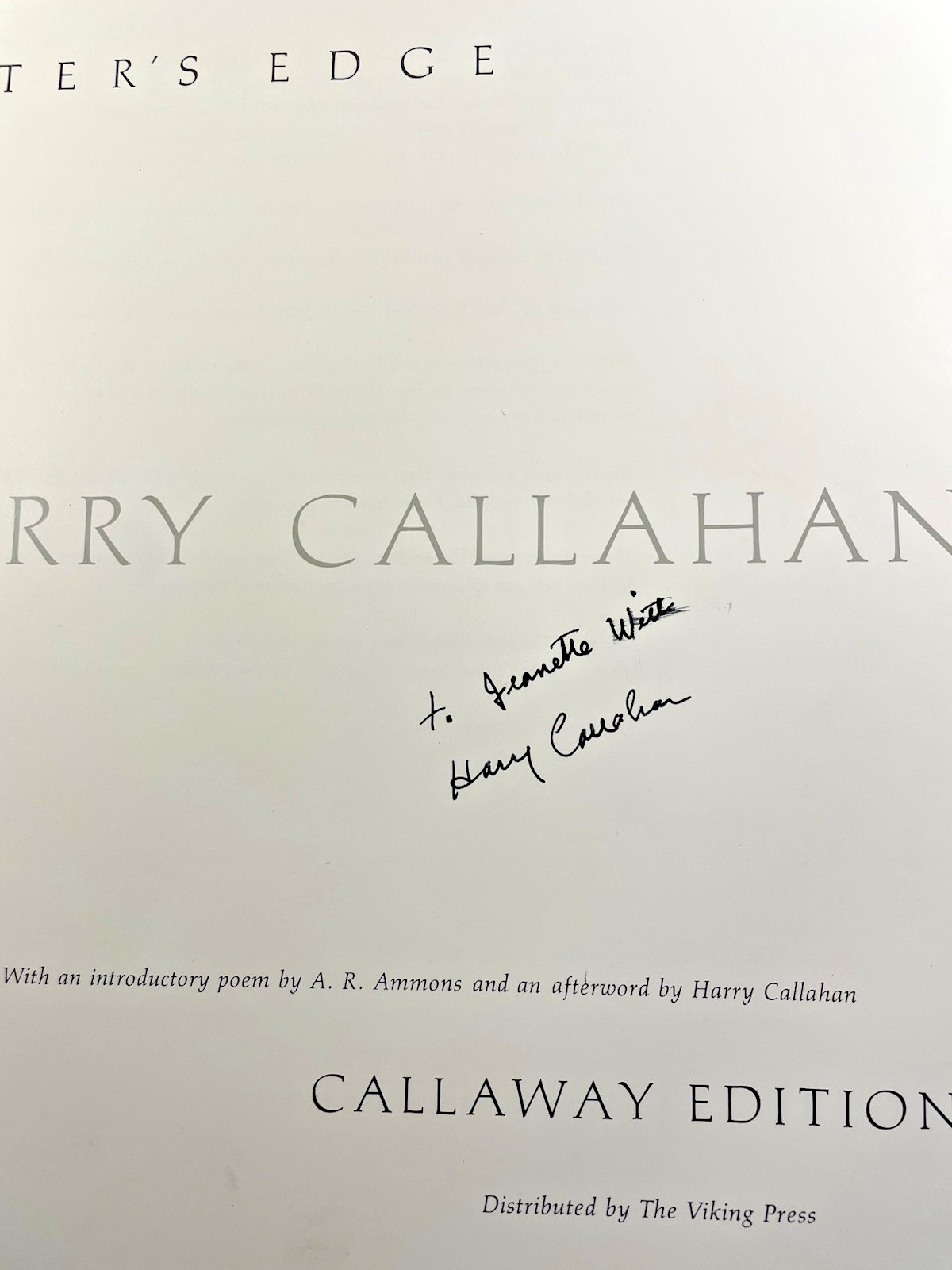 Water&rsquo;s Edge INSCRIBED by Harry Callahan 1st Edition Hardcover/Dustcover VG+