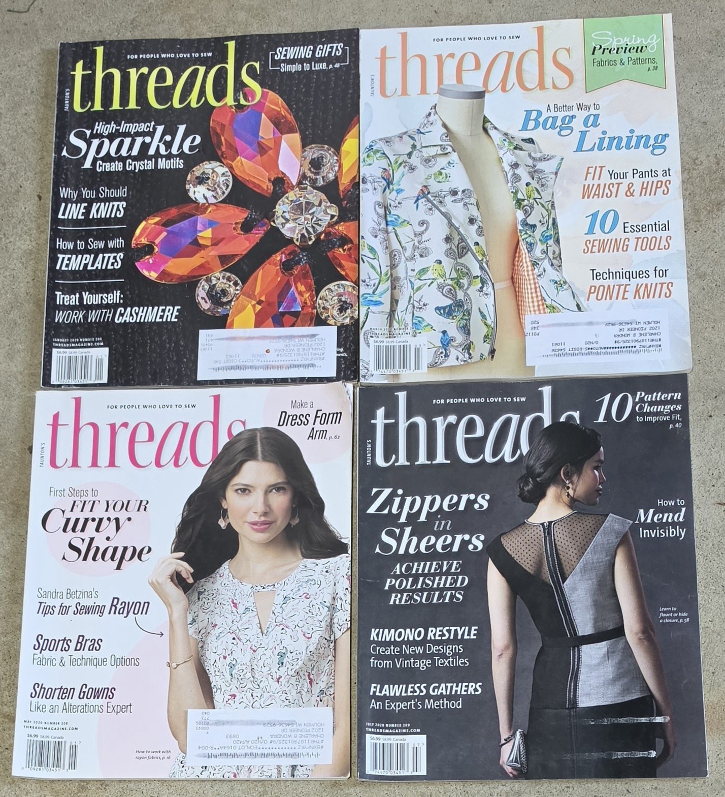 Lot 4 THREADS magazines 2020 Tauton&rsquo;s 206 207 208 209 Sewing Tips